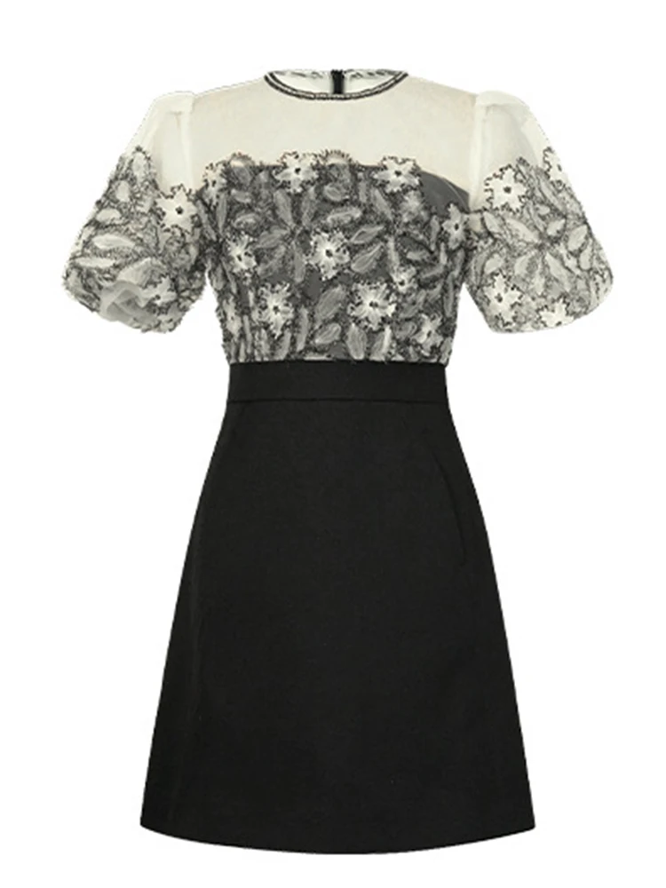 Vestido negro de estilo francés para Mujer, vestido corto Sexy de alta sociedad con empalme de encaje y bolsillo de malla transparente, Vestidos para fiesta y discoteca para Mujer