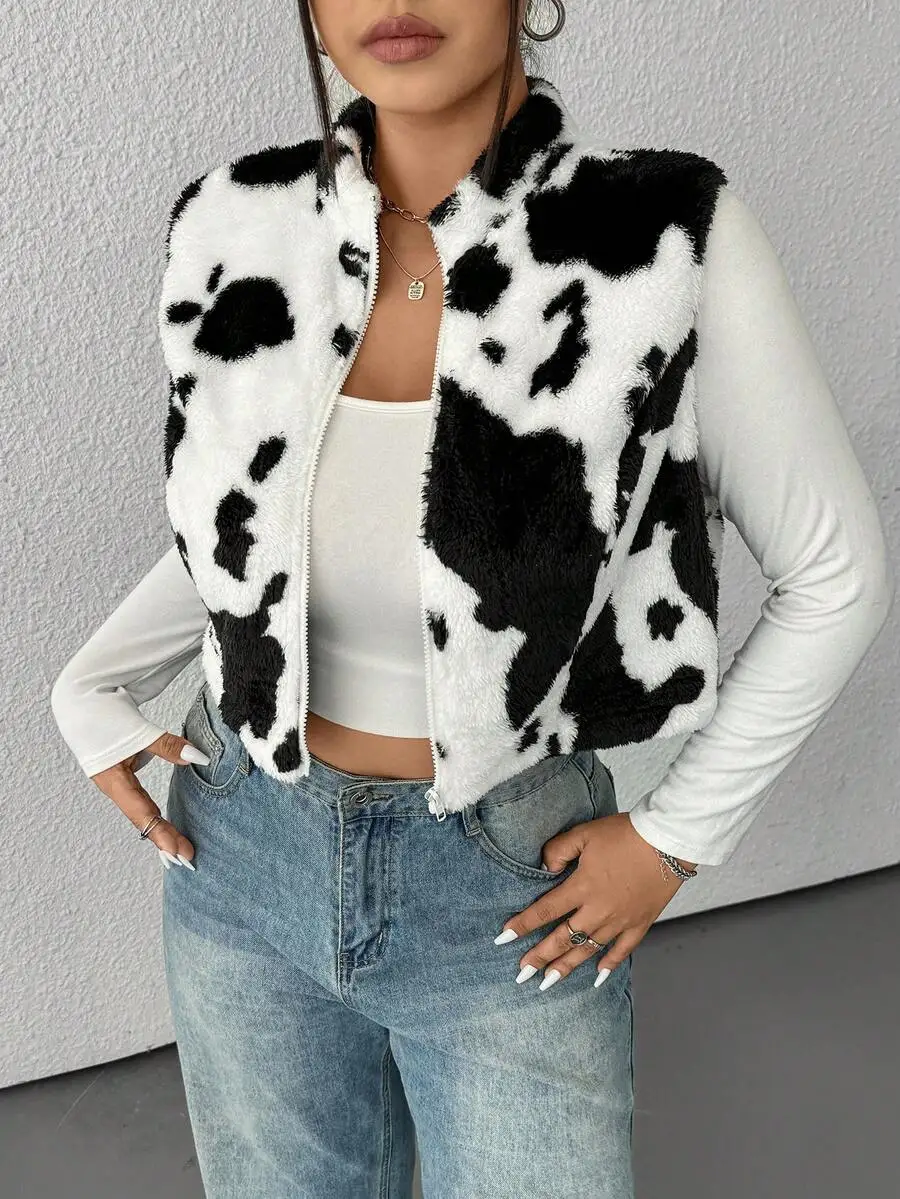 

Cow Print Faux Fur Cropped Jacket Women Autumn Winter Western Style Vest