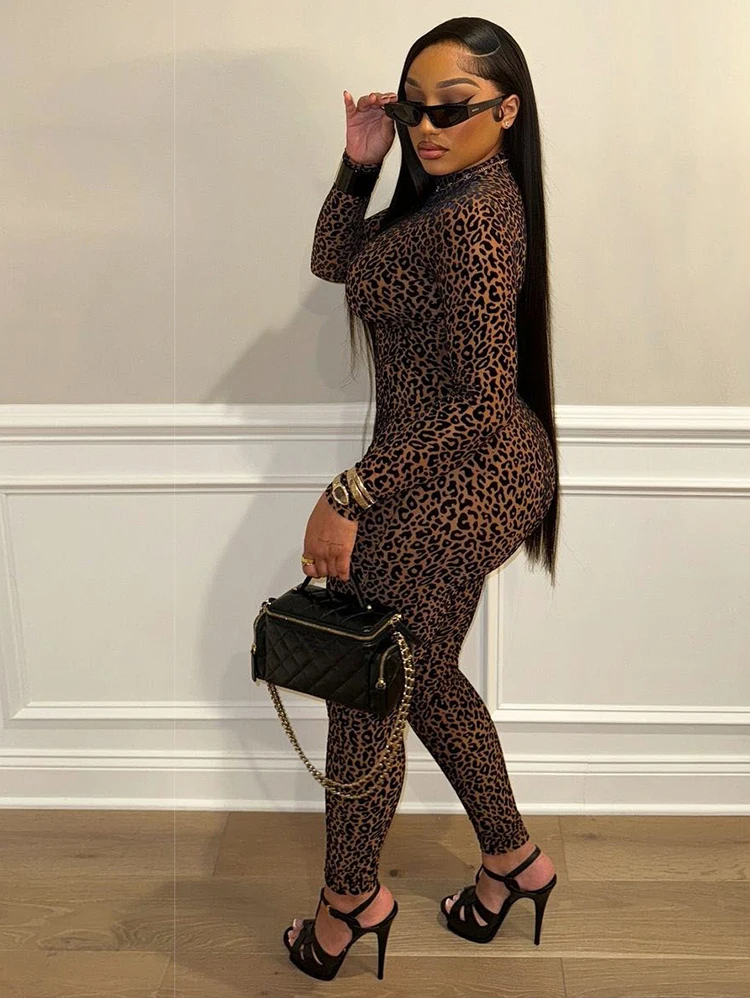 Weird Puss Sexy Leopard Mesh Jumpsuit Women Sexy Hipster Zip Stretch Midnight Workout Clubwear Autumn Fitness Street Overalls
