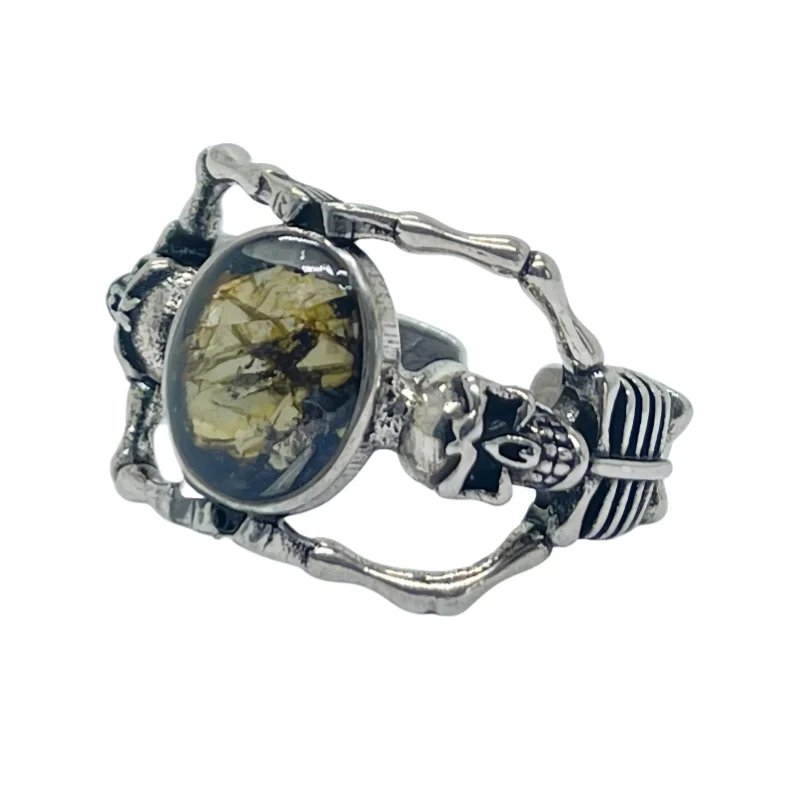 Authentic Seymchan Pallsite Circular Skull with Exquisite Meteorite Ring Design and Adjustable Size K56