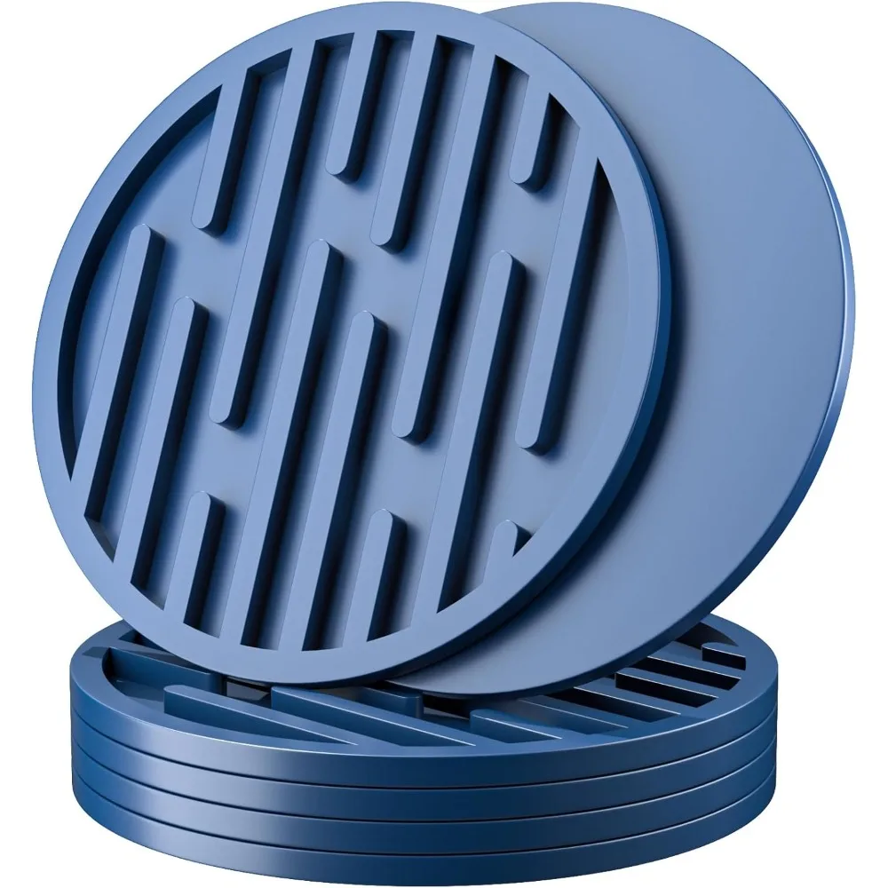 

Силиконовые подставки для напитков — набор из 6 шт., резиновые, нескользящие, устойчивые к царапинам, в полоску, с антипригарным покрытием, без утечек — 4 круглых синих подставки для чашек