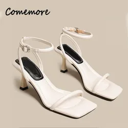 Black Ankle-Strap Buckle Sandal Summer Square Toe Ladies Stiletto High Heel Shoes Sexy Solid Thin Band Sandalias De Mujer Verano