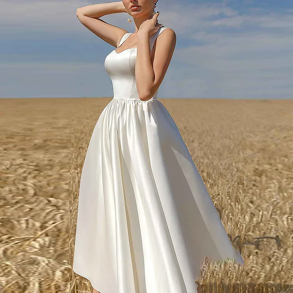 Sweetheart Neck Tea Length Wedding Dresses Lace Up A Line Bridal Gown Satin Vintage Wedding Gown Formal Evening Gowns Prom Dress