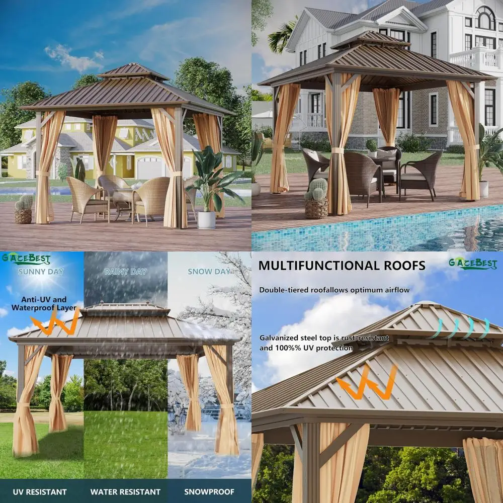 

10'x10' hardtop gazebo outdoor aluminum patio gazebo double roof galvanized steel canopy with netting and curtains,for garden, b