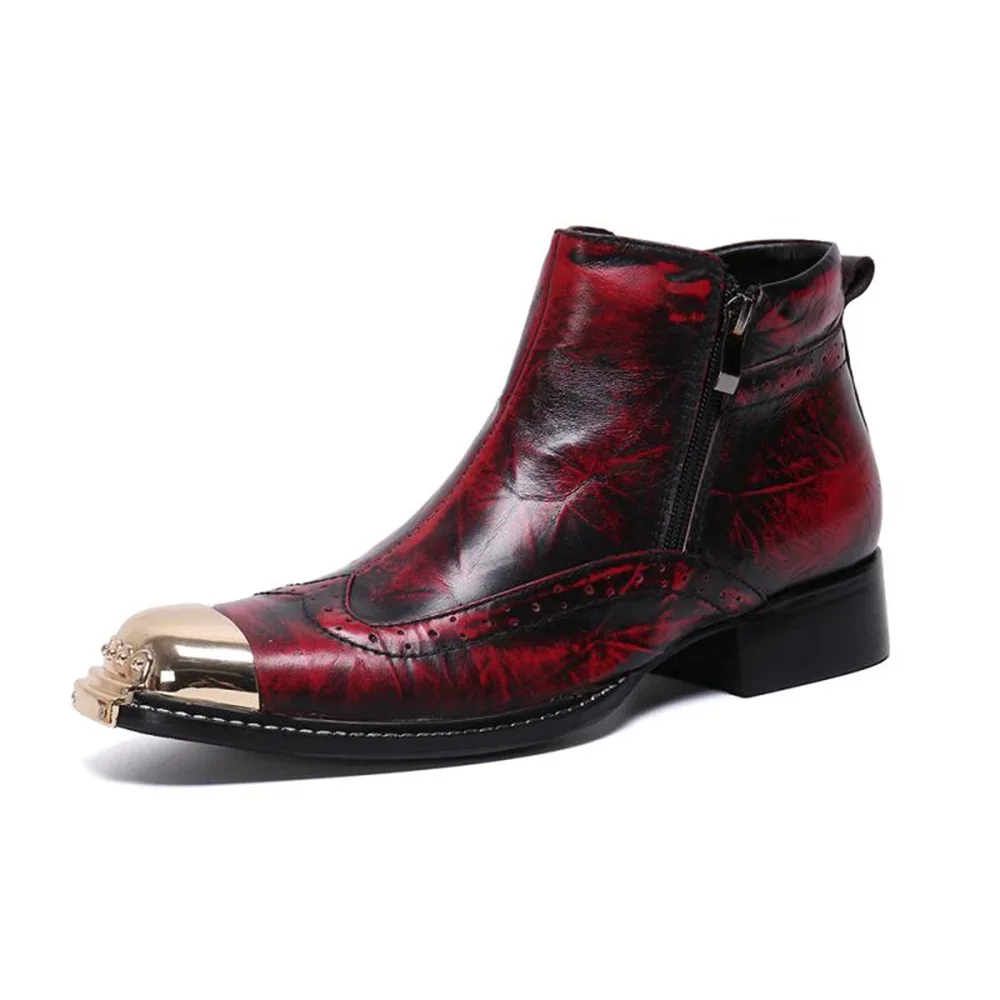 Red Printing Wit Gold Metal Zipper Genuine Leather High Heels Pointed Toe Boots Male Plus Size Fashion Party Wedding Dress Shoes