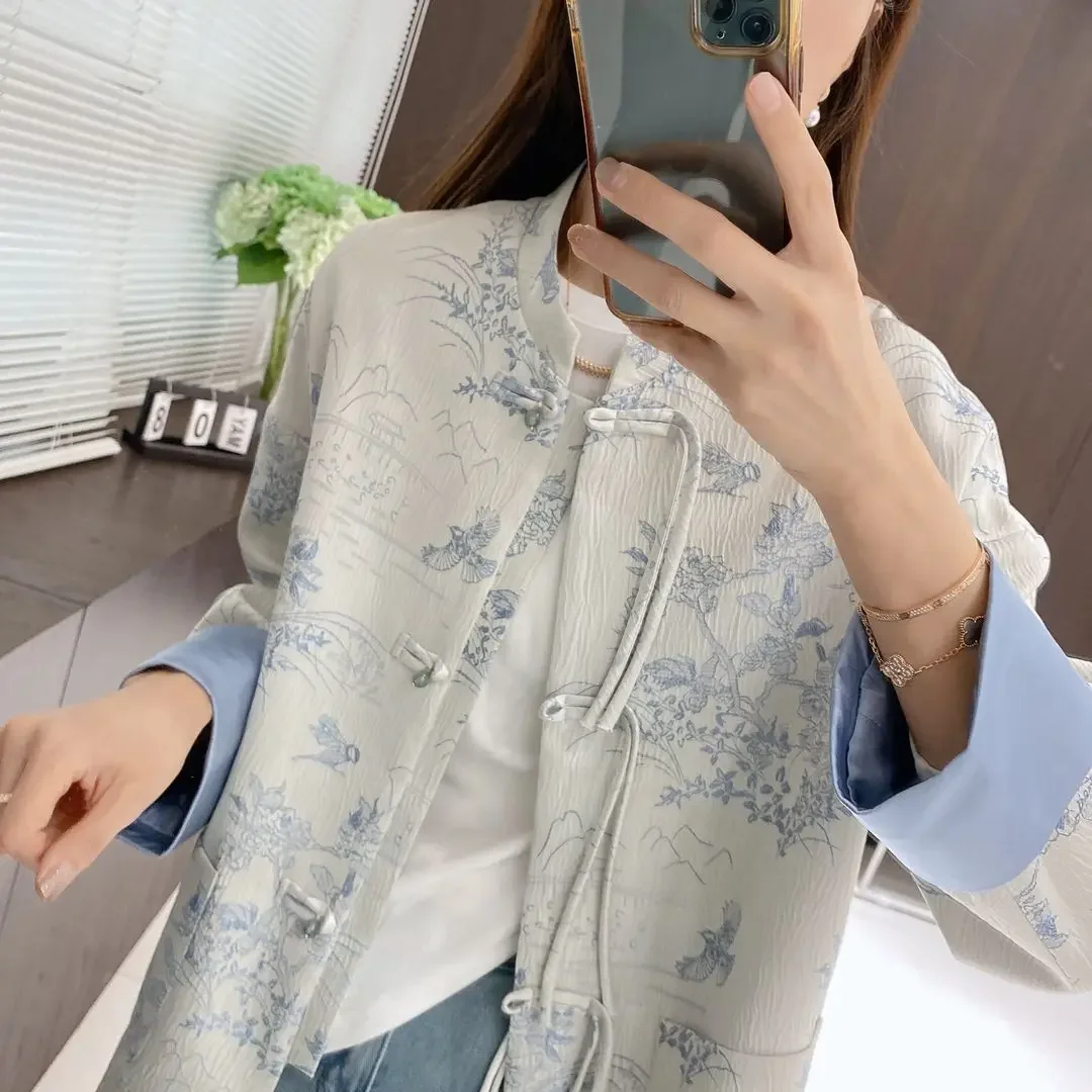 New Chinese Retro Light National Style Short Tang Suit Stitching Printed Coat Spring Plate Buckle Coat Improved Tangsuits Top