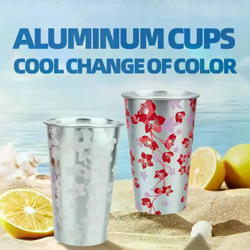 Cherry Blossom Pattern Color Changing Aluminum Cup Anti Fall For Cold Drink Beer Cola Juice Bar Outdoor Home