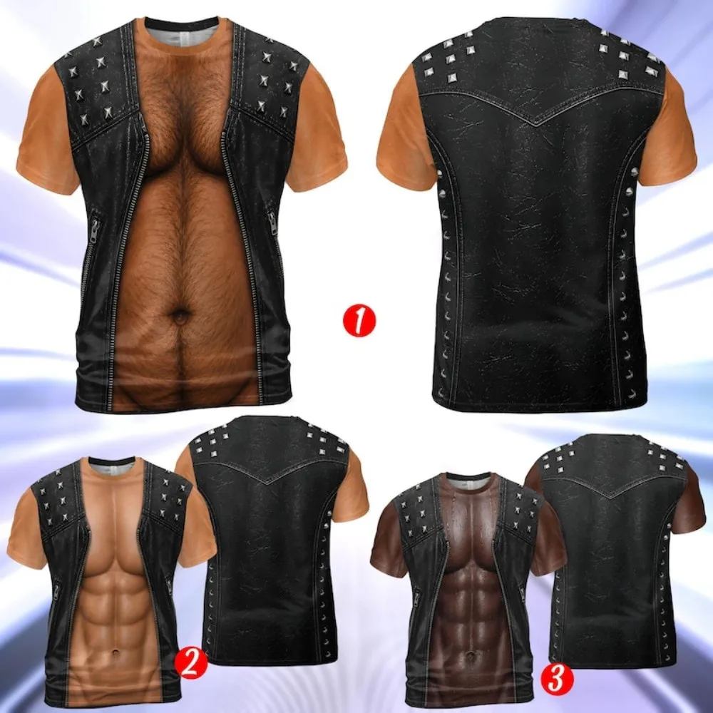 Men's 3D Furry Rider Body T-Shirt, Fun Leather Vest with Muscle Illusion T-Shirt, Adult Party Costume T-Shirt, Halloween