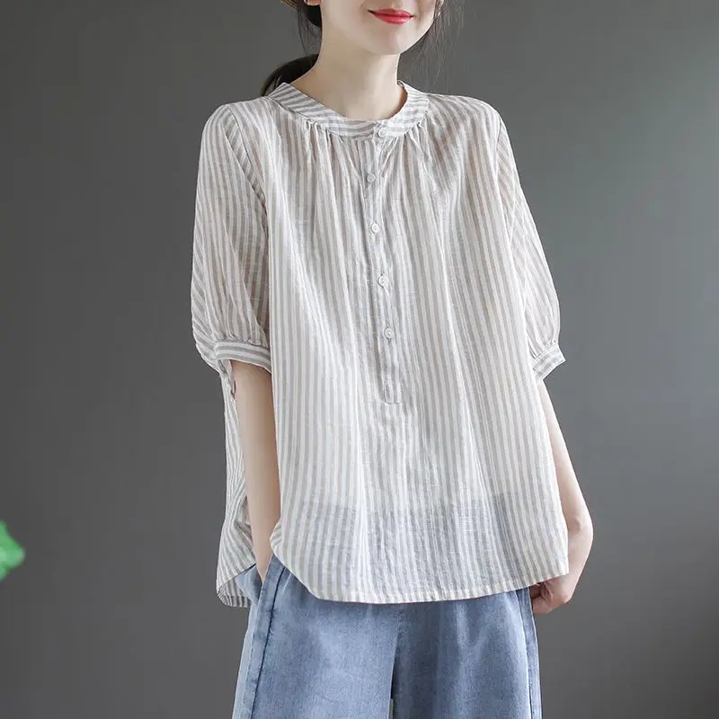 Fashion O-Neck Button Loose Folds Casual Striped Blouses Women\'s Clothing 2024 Summer New Oversized All-match Tops Korean Shirts