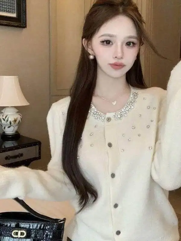 Lavender Heavyweight Diamond Embellished Knitted Sweater Women's Fashion Korean Style round Neck Soft Bead Knit Open Cardigan