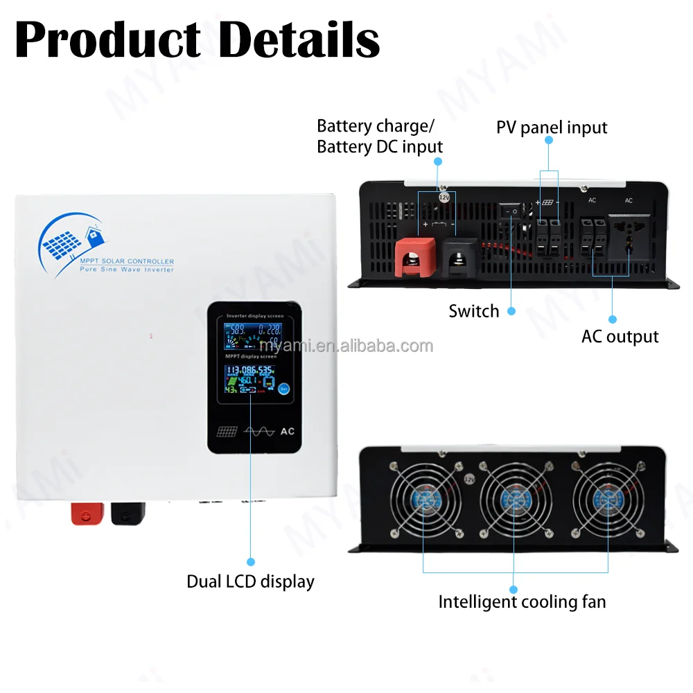 Myami 1000w 2000w 3000w Hybrid Inverter System 1.3kw 2.3kw 3.3kw 60a 100a Mppt 12v 24v 48v Solar Panel Dc To Ac Power Inverter