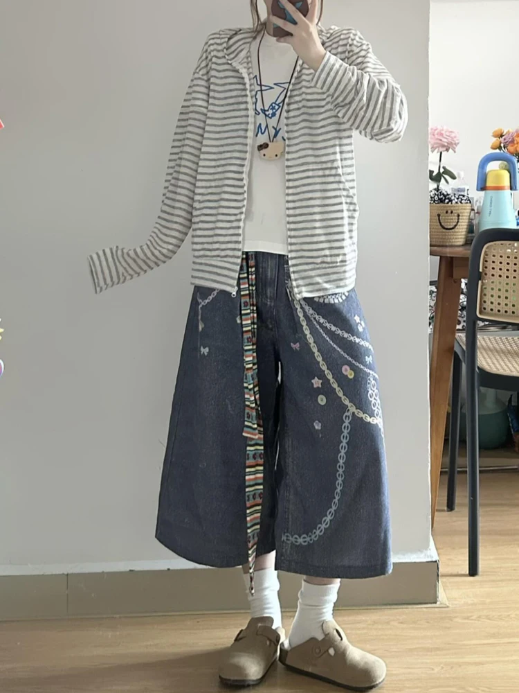 Sweet Cool Spicy American Style Chain 3D Painted Seven-Foot Denim Pants Women's Loose Slimming Wide Leg Medium Pants