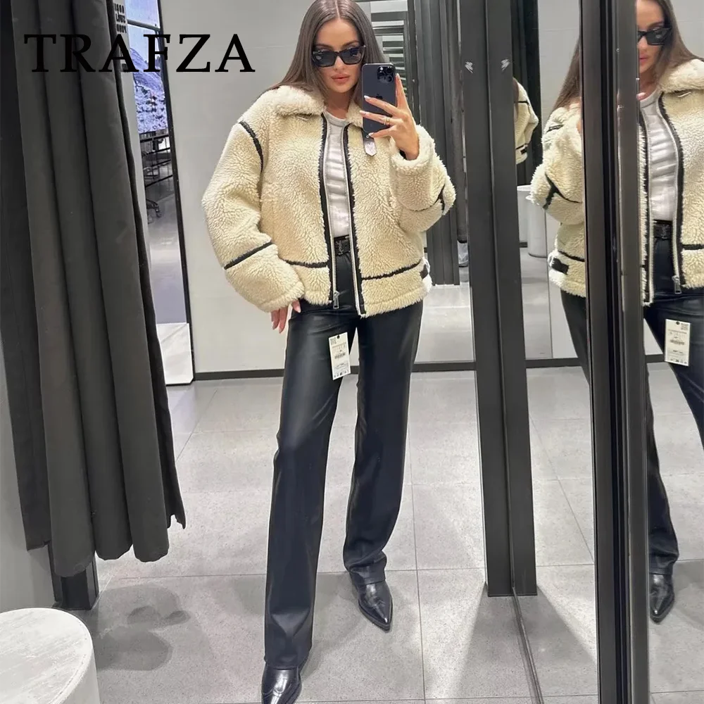 TRAFZA 2023 Women Autumn Winter lambswool Casual Jackets Fashion Streetwear Solid Loose Zippers Demi-season Jacket For Women