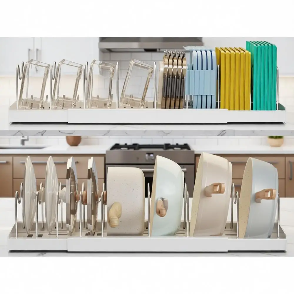 

2 Pack Pots and Pans Organizer Under Cabinet, 22 Expandable Wood Storage Container Lid Organizers with 9 Adjustable Dividers Pot
