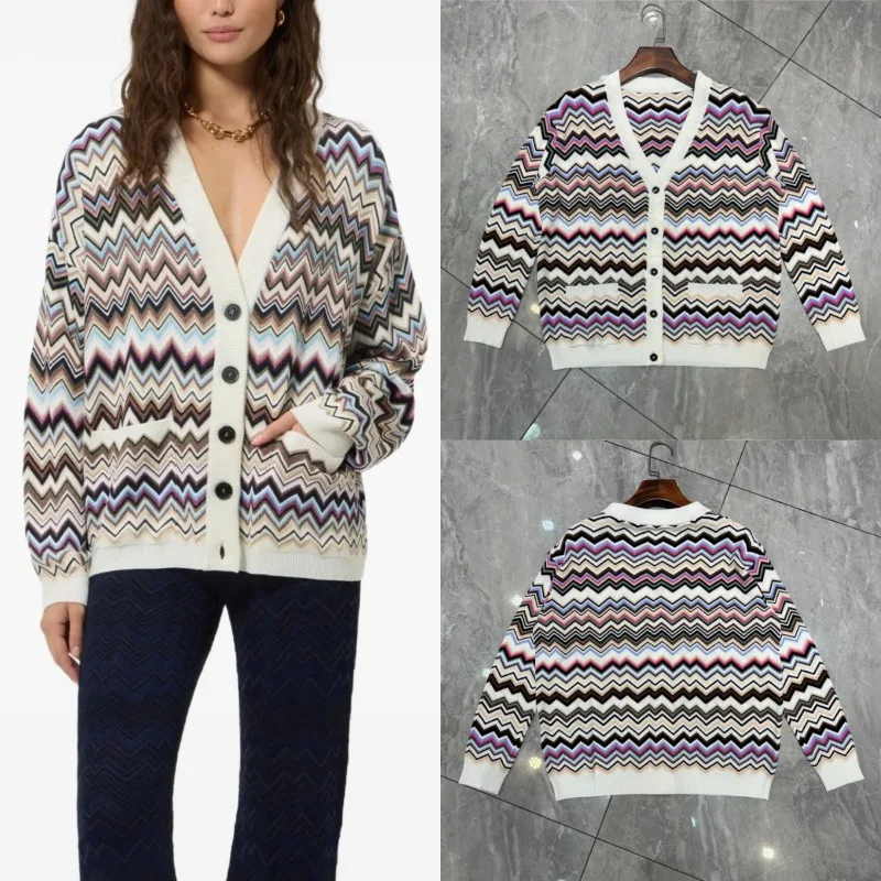 Bohemian Striped Print Jacket Women 2026 Autumn New Fashion Classic Coat Slim Fit Versatile Deep V-Neck Jacket Women Clothing
