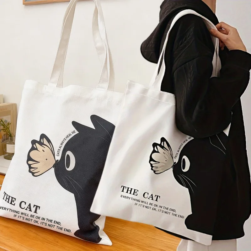 

Холщовая сумка с милым мультяшным черным котенком для поездок на работу, продуктовые покупки, экологически чистая сумка-тоут для повторного использования, подарки для детей-студентов