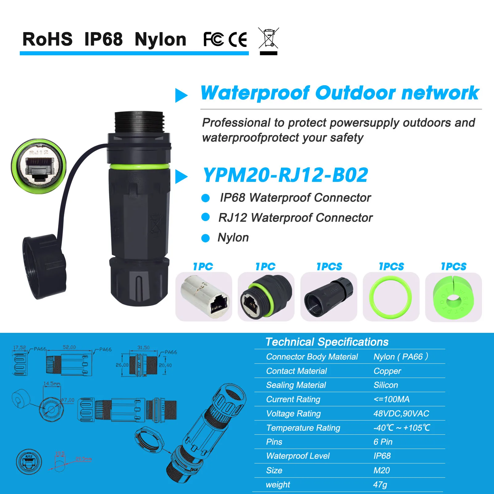 RJ11 RJ12 Telephone FEMALE SOCKET 6P6C Connector With Wire Female Jack Waterproof Connectors