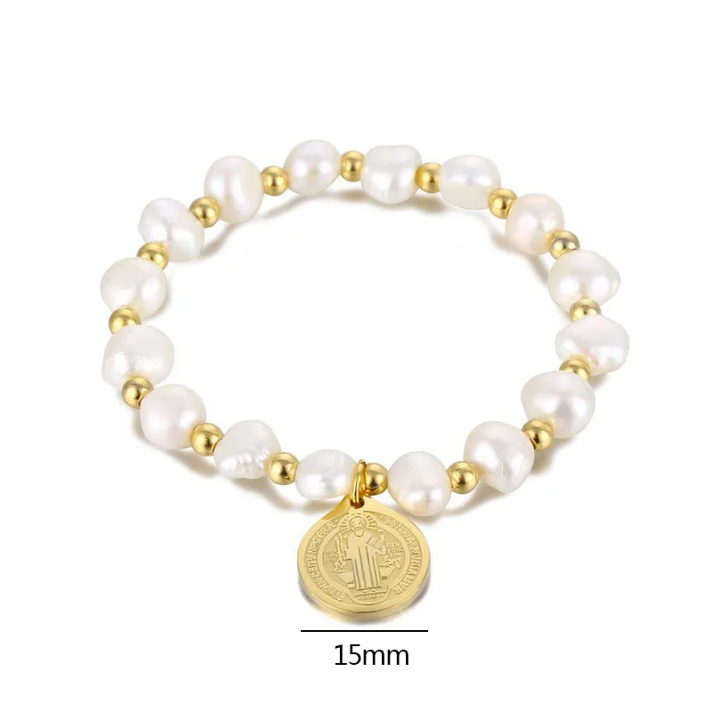 Stainless Steel San Benito Bracelets For Women Gold Color Metal St Benedict Bracelet Natural Pearl Bracelet Femme