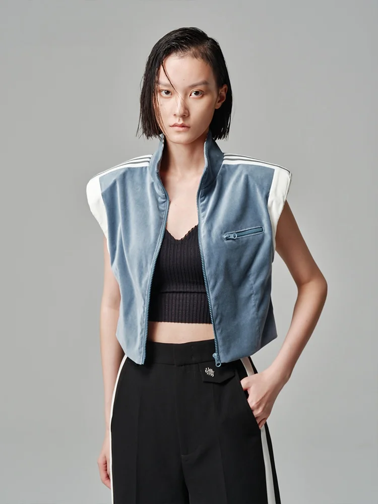 

Spring New Sle Women's Jaet Vest oulder Pads High Heel Stand Collar Sports Sle ort Zipper Pure Color Cotton Blend