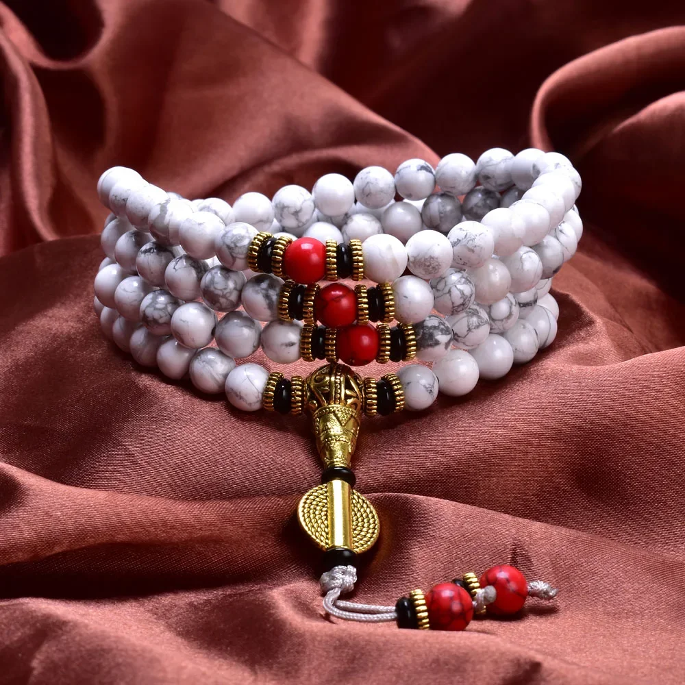 Buddhist Prayer Bead Necklace Howlite Stone 108 Mala Bracelet Handmade Meditation Jewelry