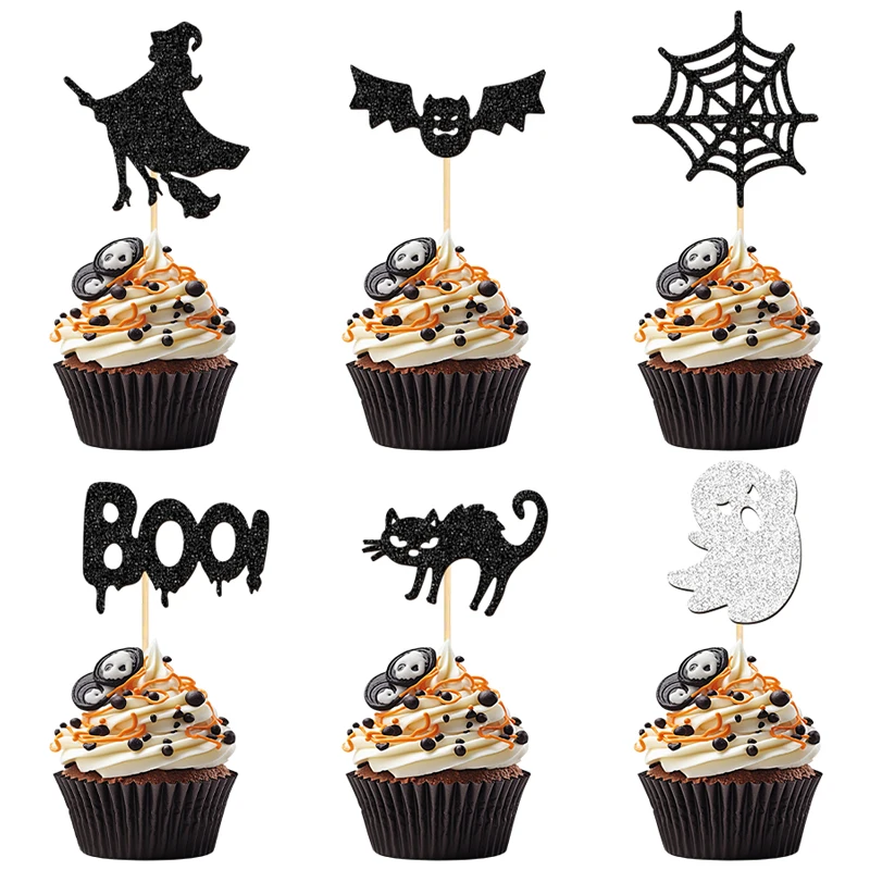 NUBECOM 24 Stück Halloween-Kuchenaufsätze, Party-Cupcake-Topper, Picks, glitzernde Hexe, Fledermaus, Spinnennetz, Boo, Katze, Geister-Kuchendekorationen – Detail 6