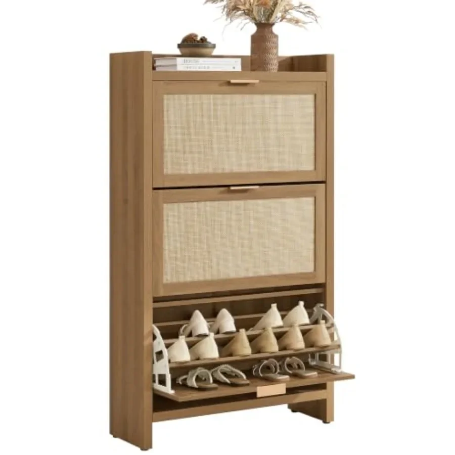 Rattan Shoe Storage Cabinet for Entryway with Natural Woven Texture, Beige Color, Space-Saving Vertical Design