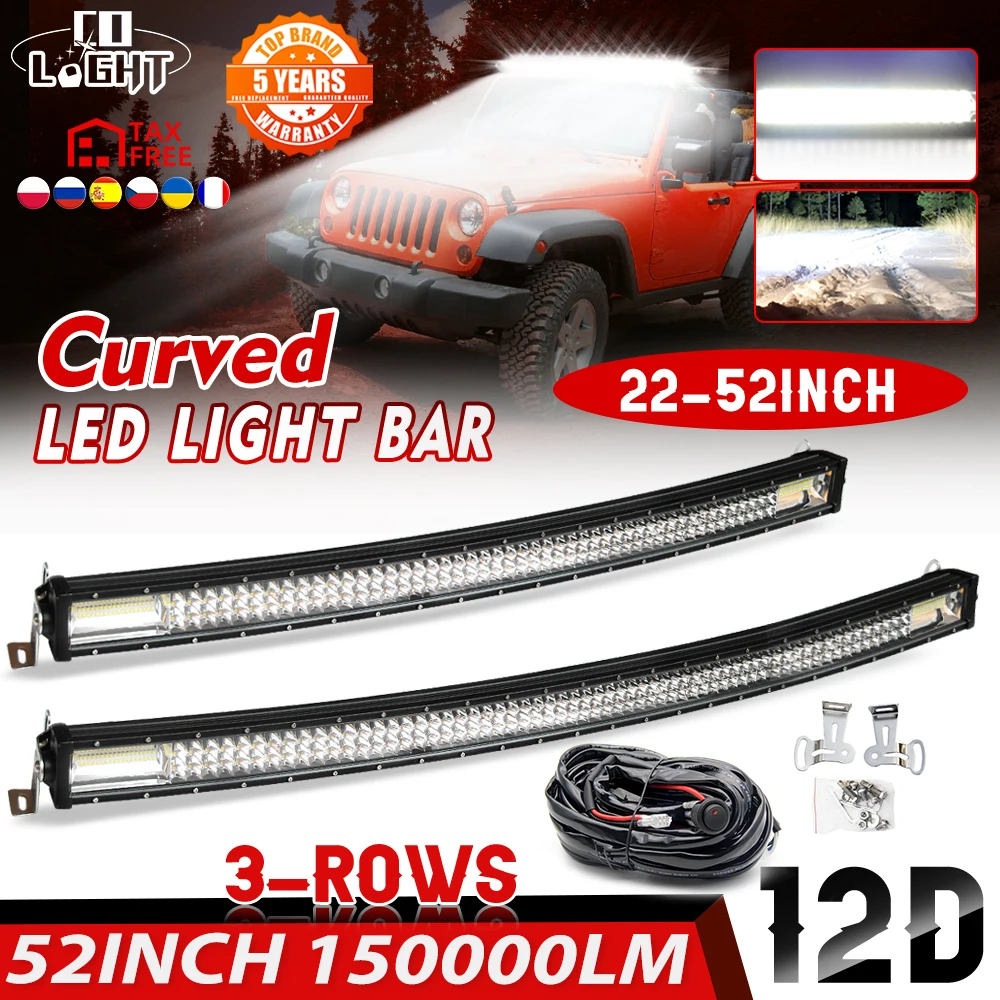 CO LIGHT 22-52inch Tri-Row 12D Cruved LED Light Bar Offroad Led Bar Combo Led Work Light Bar for Truck SUV ATV 4x4 4WD 12V 24V