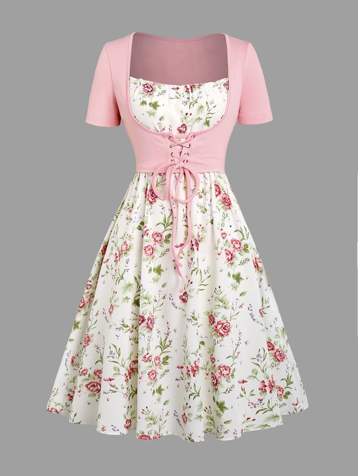 Dressfo 2025 New Women's Dress Set Floral Print Waisted Sleeveless Cami Dress And Solid Lace Up Short Sleeve Crop Top Set - Image 3