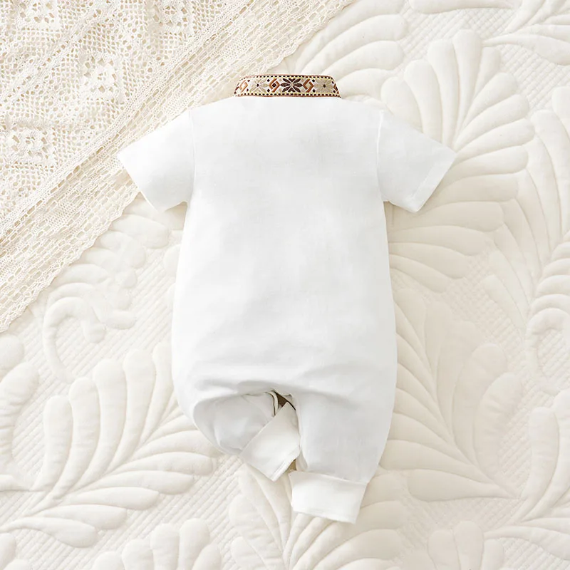 Ethnic Retro Lace white Design 100% Cotton Soft&Comfortable 2025Newborn Summer0-18Months Boys and Girls Baby Short-Sleeve Romper