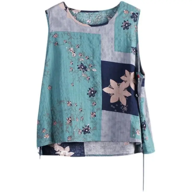 2025 レトロカラーブロッキングノースリーブベスト女性夏ルーズトップ