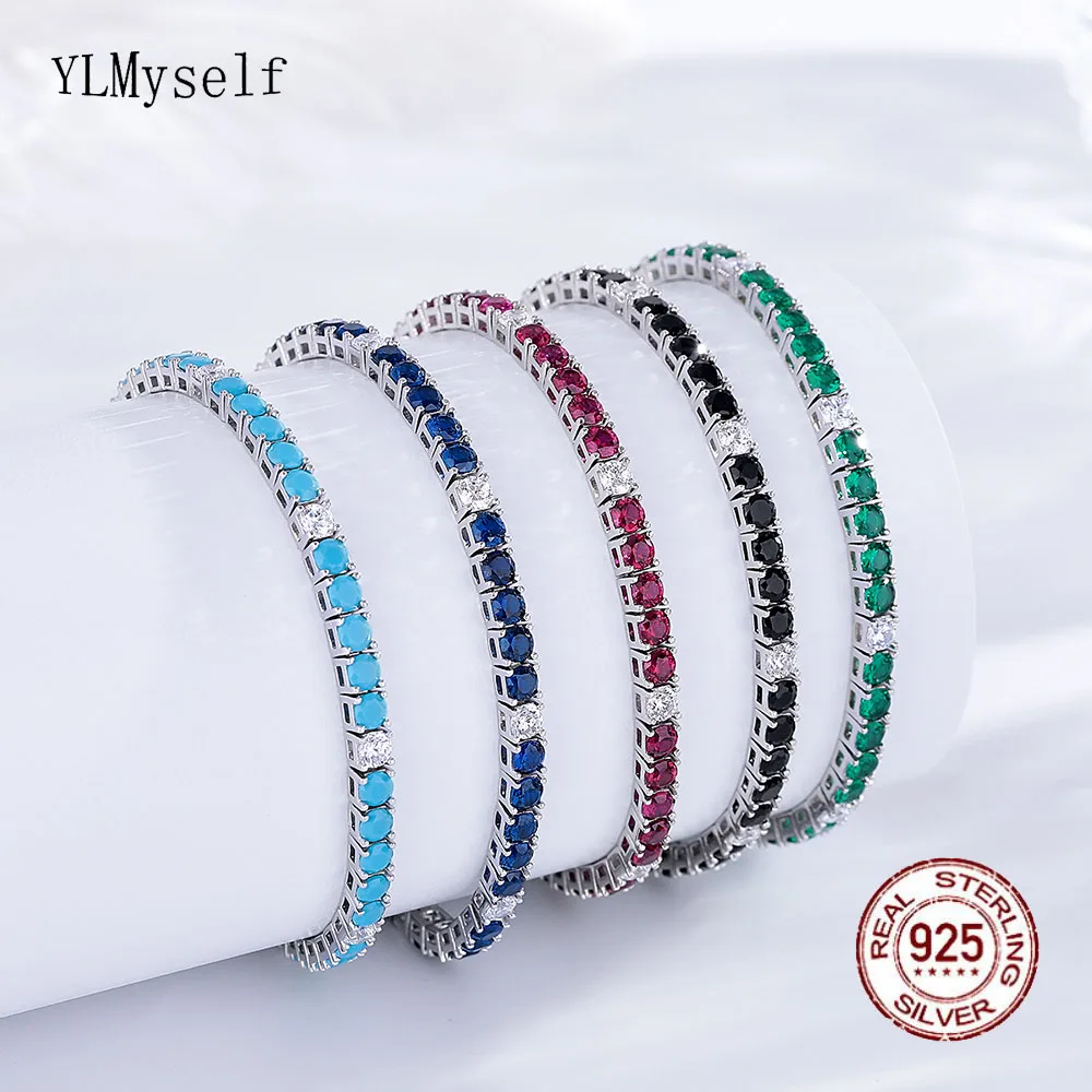 Fine Jewelry 3mm Montana Blue/Emerald Green/Ruby Red/Turquoise/Black Cubic zircon 925 Silver Tennis Bracelet