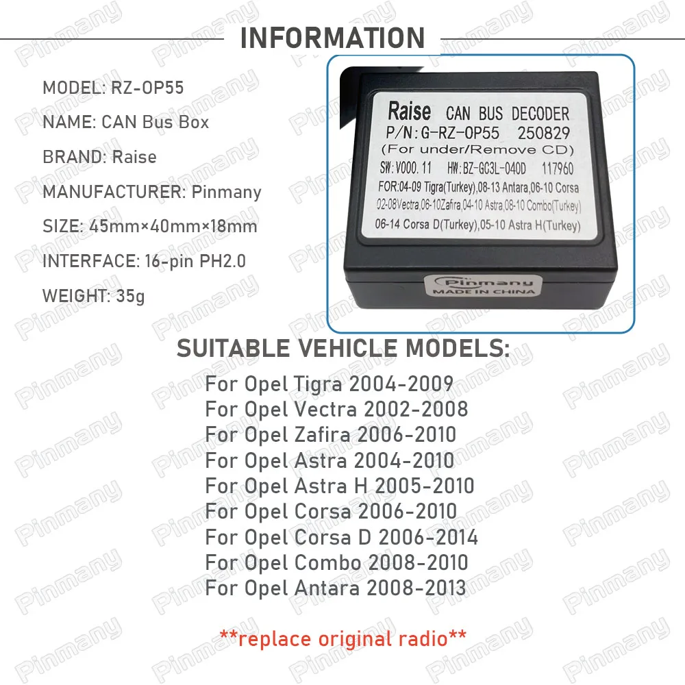 Car Radio CAN Bus Decoder RAISE RZ-OP55 16-pin Black Box for Opel Tigra Vectra Zafira Astra H Corsa D Combo