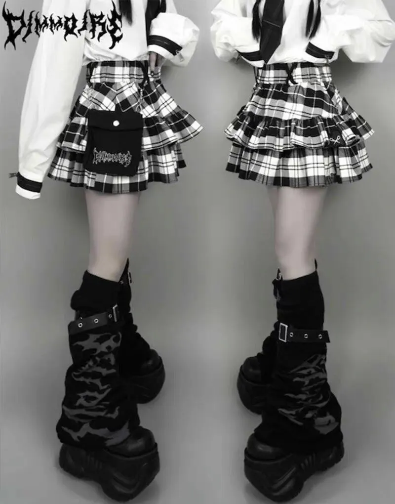 Dimmoire Harajuku Style Academy Wind  Skirt Elastic Waist Subculture Y2K Cake Skirt Polyester Fiber Splice Bordered