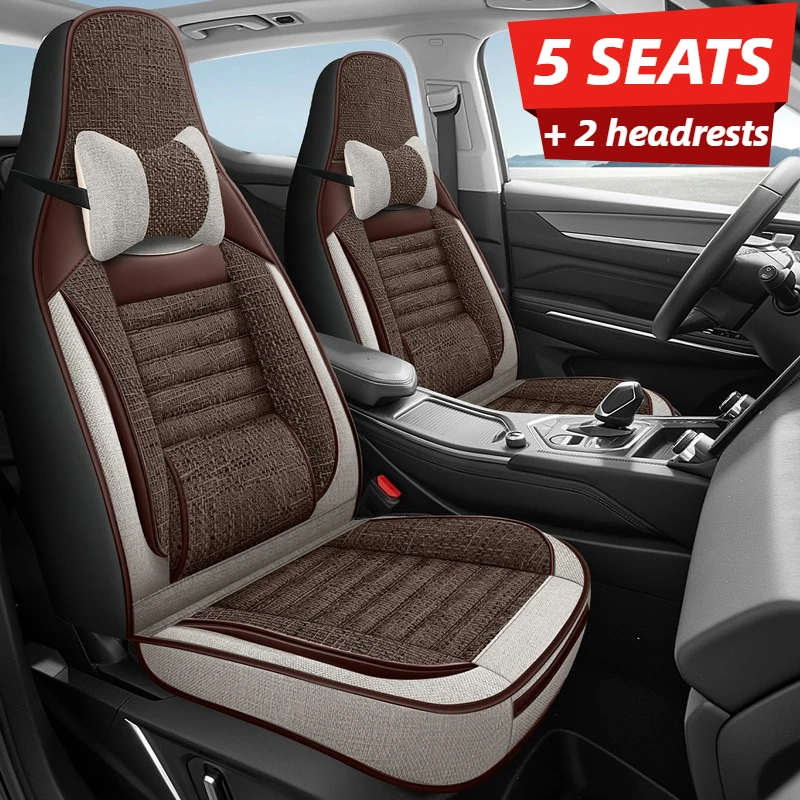 【Comfort Edition】5-Seat Full Set of Car Seat Covers + 2 Car Headrests, Elegant and Luxurious Fixed Lumbar Support Design, Fully Enclosed Linen One-Piece Car Seat Covers, Comfortable and Breathable for All Seasons, Durable and Easy to Care For, Suitable for Most Integrated Car Seat Covers, Effectively Protects the Original Car Seats, Car Interior Decoration Accessories, Perfect Fit for Tesla/Byd/Ev Cars and Other Integrated Sports Seat Full Sets