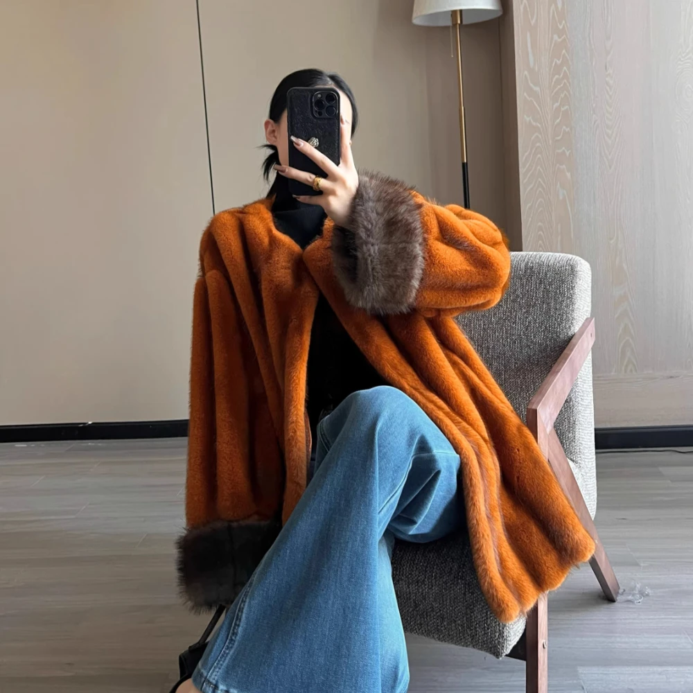 Chaqueta de invierno de felpa gruesa de alta sociedad para mujer, abrigo de piel sintética con cuello redondo y manga larga, elegante, a la moda, estilo coreano