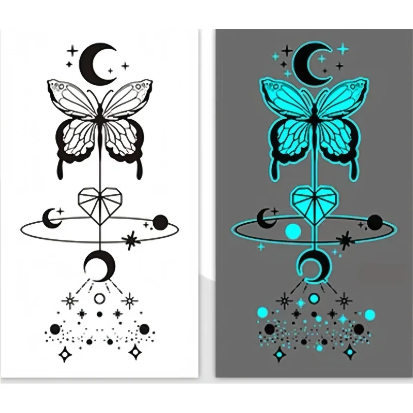 Pegatinas de tatuaje temporal impermeables para fiesta de música eléctrica, mariposa fresca, brillo azul