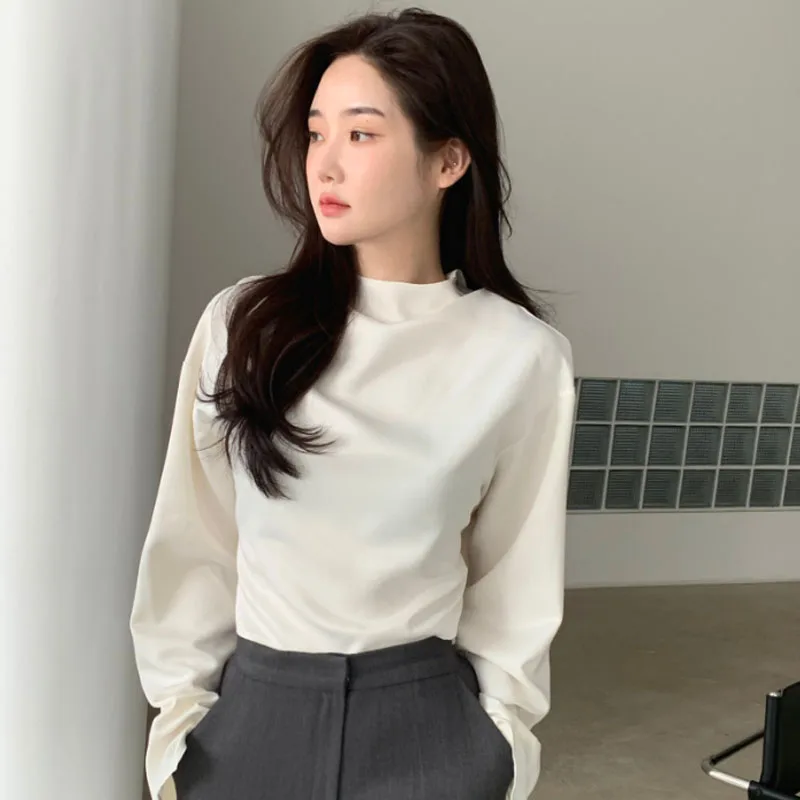 

Chic Vintage Balaced Long Sve Women's irt Design Sensation Bubble Sve White Blouse Korean Sle round Ne