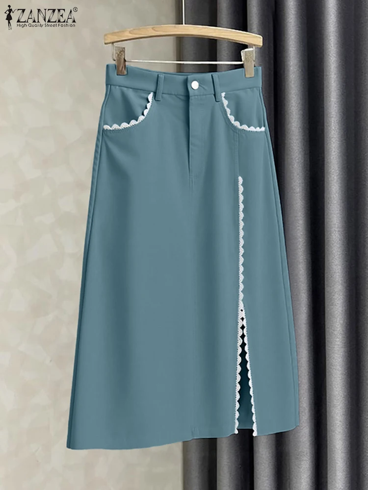 

ZANZEA винтажные женские юбки, осенние длинные юбки Faldas Saia, 2024, модные кружевные пакеты с высокой талией и разрезом, повседневные свободные плавки миди