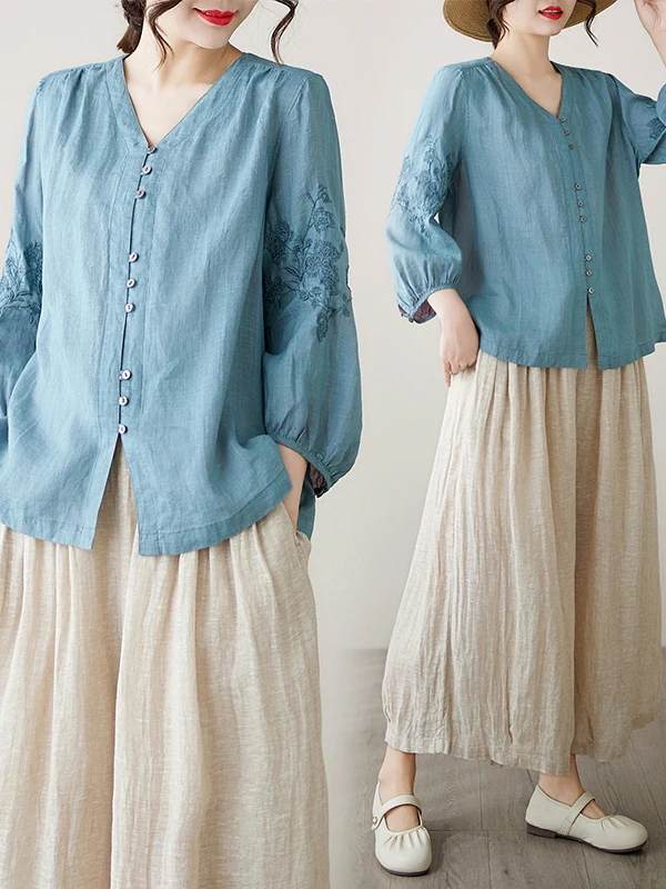 

Оригинальный дизайн, новый летний льняной вышитый повседневный крутой открытый кардиган, топ, льняной комплект, женский дышащий удобный v-образный вырез...