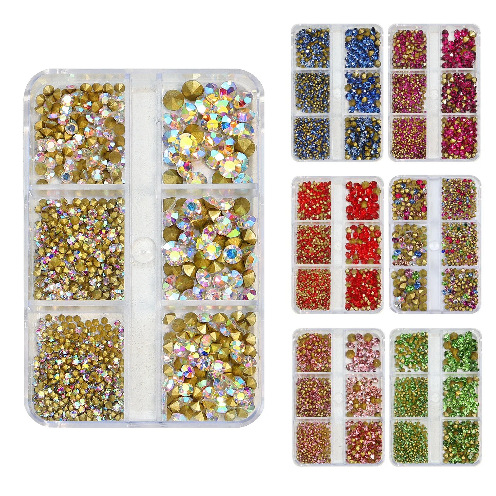 6 Grid Box of Nail Art Rhinestones Strass Gems, Pointed Bottom for UV Gel Polish, DIY 3D Decoration Jewelry