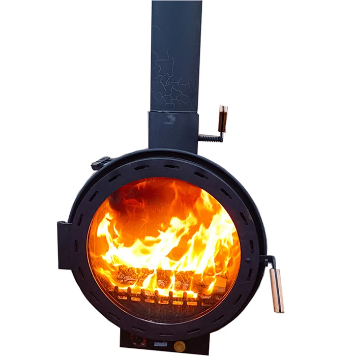 Round wall-mounted fireplace real fire burning firewood heating modern fireplace