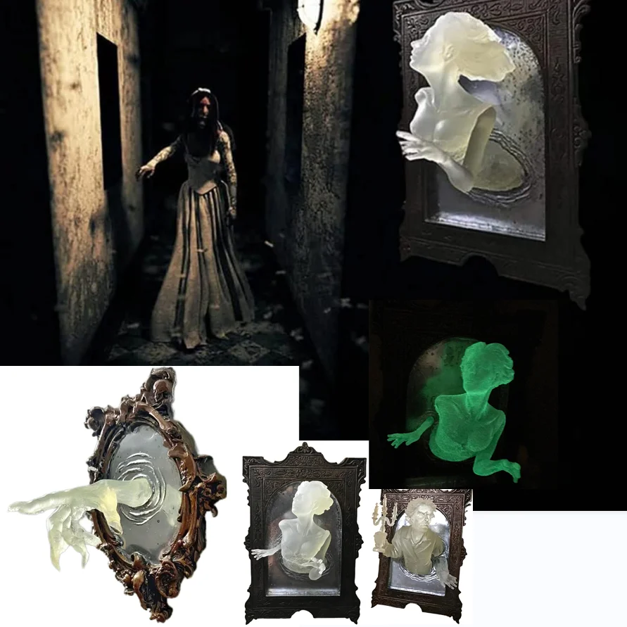 Ghost in The Mirror Wall Decor Glow in The Dark Halloween Decor 3D Horror Spooky Wall Sculptures Resin Luminous Statue Ornaments