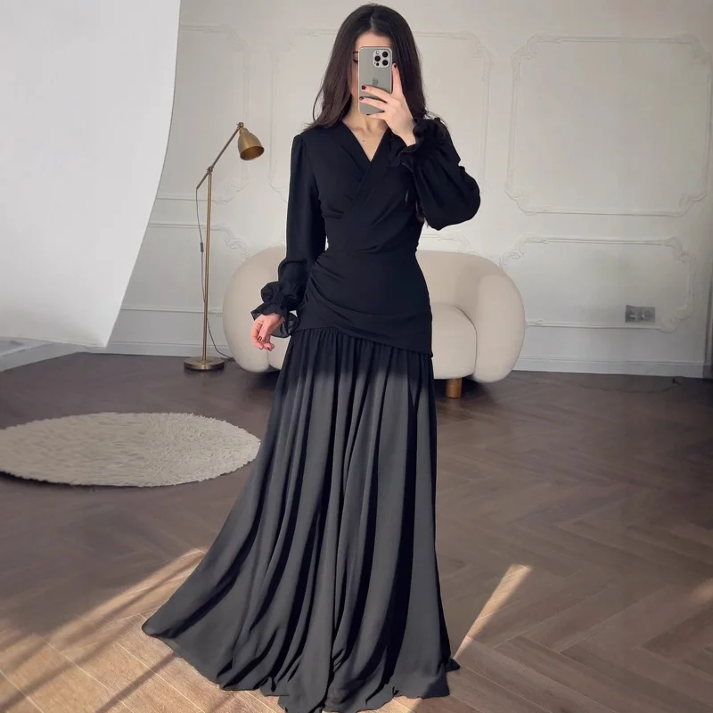 

2025Spring new design style chiffon black dress for women