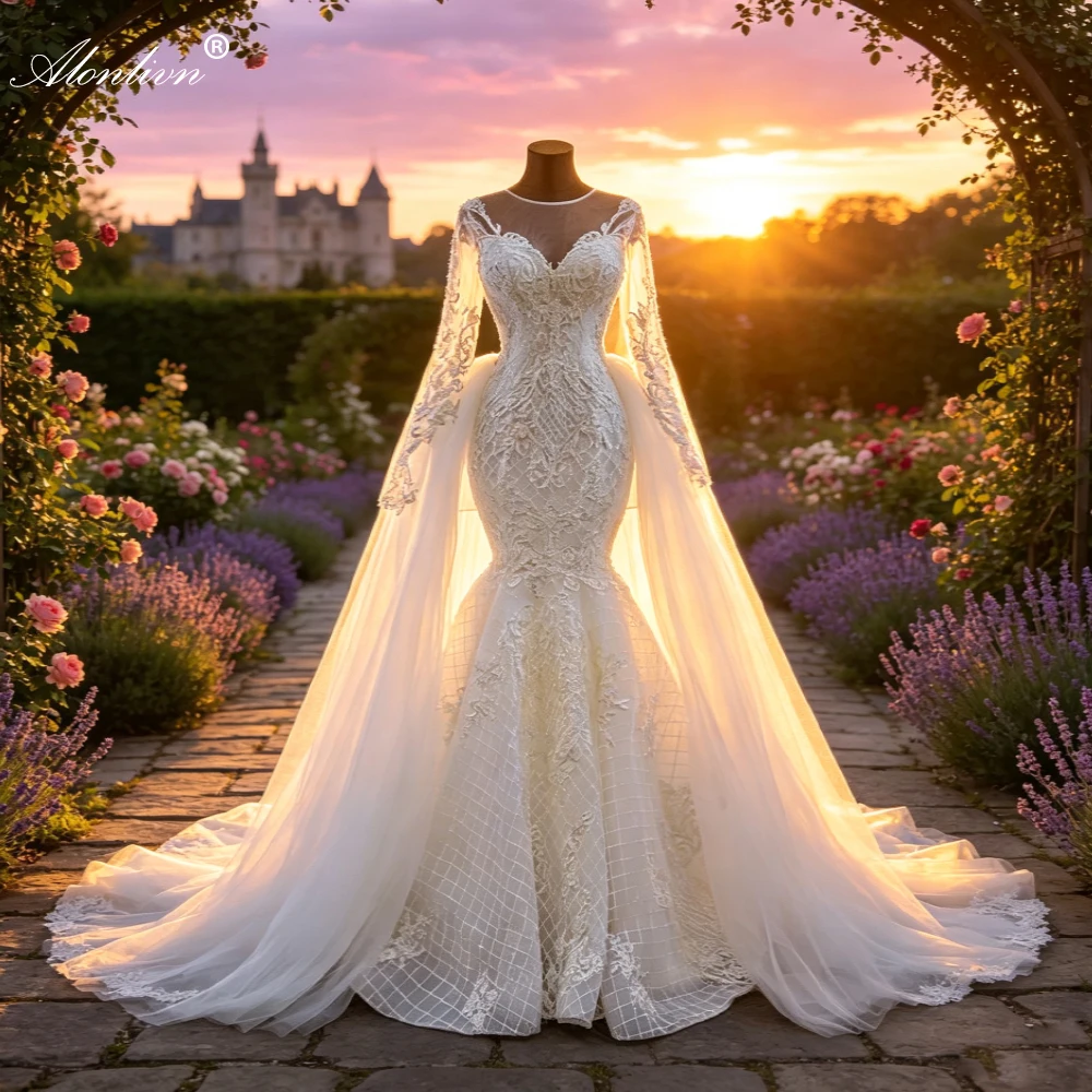 Alonlivn Custom Made Exquisite Embroidery Lace 2 In 1 Mermaid Wedding Dresses Full Sleeves With Removable Train Bridal Gowns