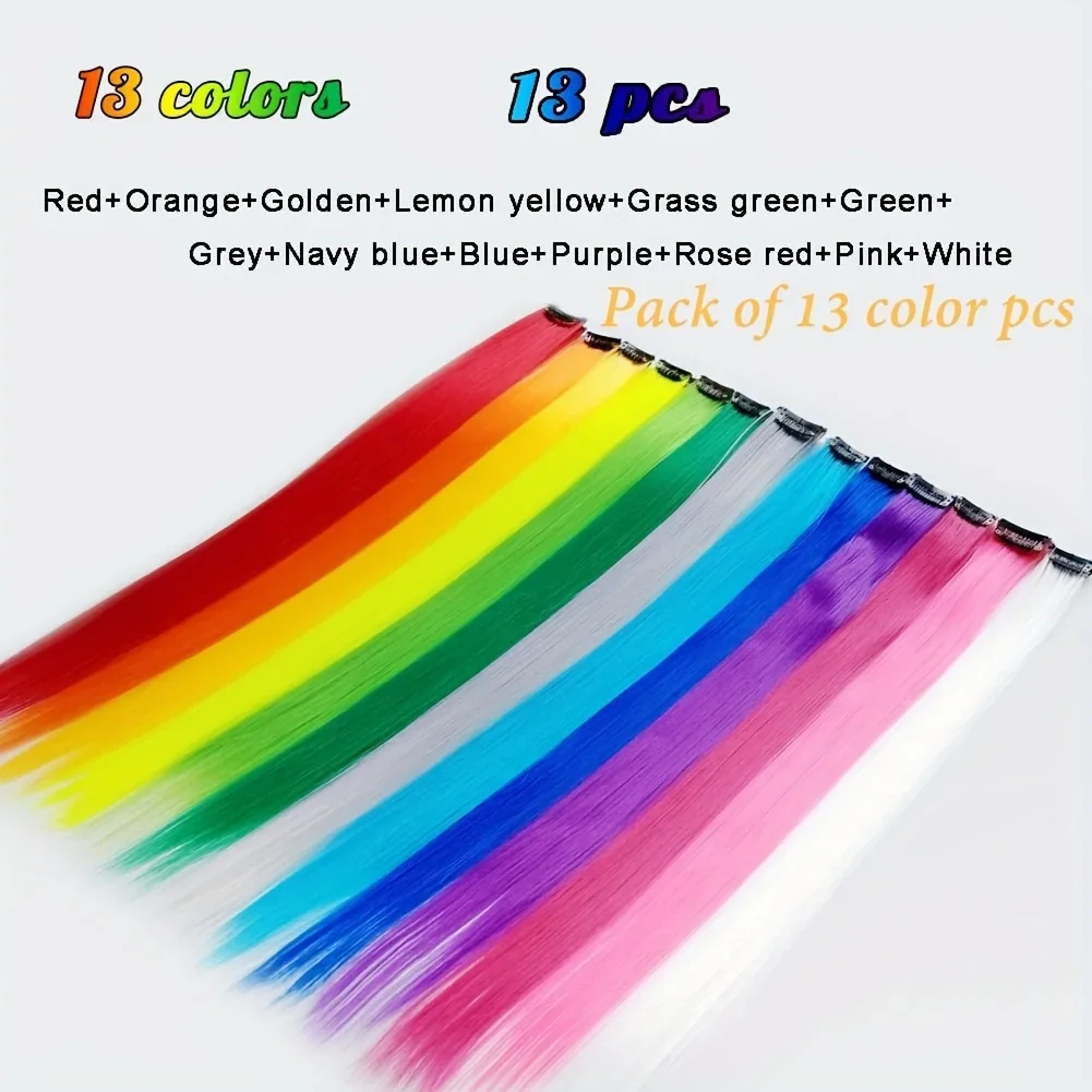13 لونًا ملونًا للحفلات تسليط الضوء على وصلات شعر مستقيمة للفتيات 22 بوصة Y2K قطع شعر صناعية متعددة الألوان #2