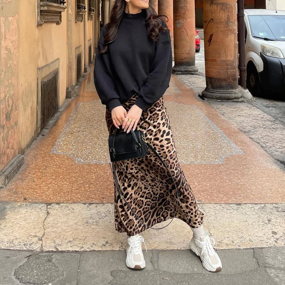 Leopard Druck Langen Rock für Frauen Streetwear Slim Fit Party Satin Maxi Rock Faldas Mujer Dame Chic Mode Hohe Taille Rock
