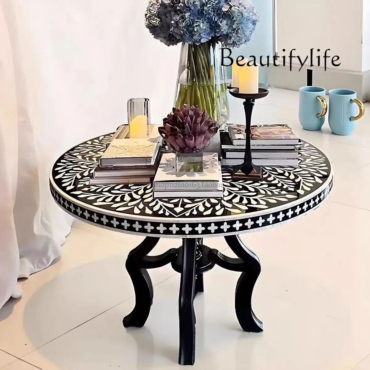 

design painted light luxury American solid wood round dining table hand-painted light luxury simple pastoral style neoclassical