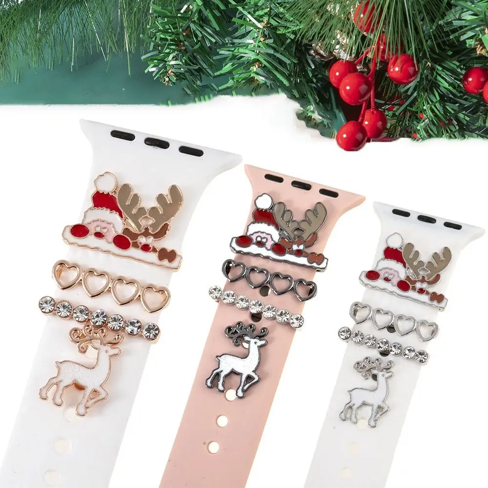 4PCS Christmas Metal Charms For Apple Watch Band Santa Elk Diamond Strap Decorative Ring For iwatch Bracelet Silicone Accessory