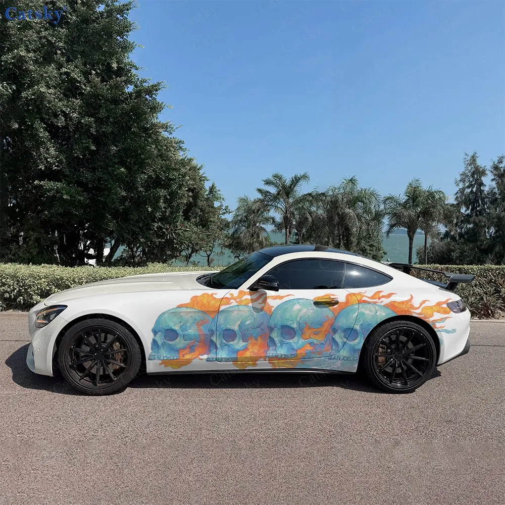 2pcs Skeletons Warm Orange Flame Car Side Wraps, Self-Adhesive PVC Waterproof & Scratch-Resistant Stickers, Car Accessory Gift