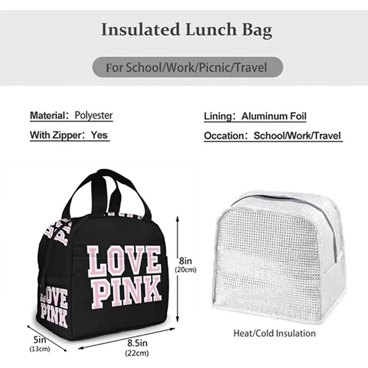 Love Pink Black Portable Insulated Lunch Bag Waterproof Tote Bento Bags Lunch Tote for Women Lunch Box for Work School Picnic